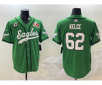 Men's Philadelphia Eagles #62 Jason Kelce Green 2025 Super Bowl LIX And 3-Star C Patch Stitched Baseball Jersey