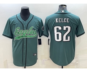 Men's Philadelphia Eagles #62 Jason Kelce Green With Patch Cool Base Stitched Baseball Jersey