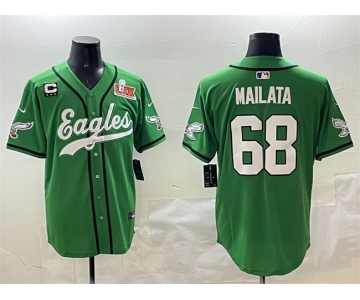 Men's Philadelphia Eagles #68 Jordan Mailata Green 2025 Super Bowl LIX And 3-Star C Patch Stitched Baseball Jersey