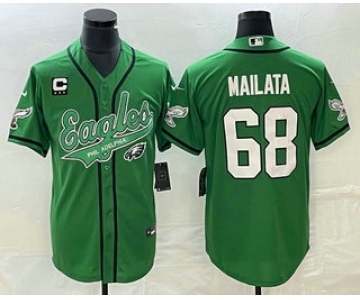 Men's Philadelphia Eagles #68 Jordan Mailata Green C Patch Cool Base Stitched Baseball Jersey