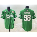 Men's Philadelphia Eagles #98 Jalen Carter Green 2025 Super Bowl LIX And 3-Star C Patch Stitched Baseball Jersey