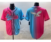 Men's Philadelphia Eagles Team Big Logo Pink Blue Limited Stitched Baseball Jersey
