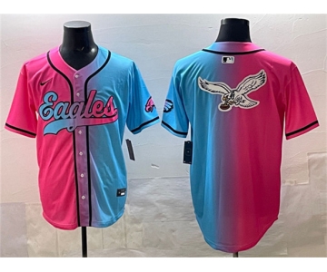 Men's Philadelphia Eagles Team Big Logo Pink Blue Limited Stitched Baseball Jersey