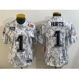 Women's Philadelphia Eagles #1 Jalen Hurts 2025 Super Bowl LIX Patch F.U.S.E. Arctic Camo Salute to Service Limited Football Stitched Jersey