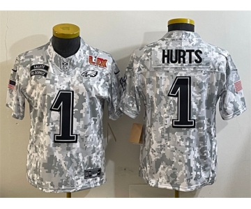 Women's Philadelphia Eagles #1 Jalen Hurts 2025 Super Bowl LIX Patch F.U.S.E. Arctic Camo Salute to Service Limited Football Stitched Jersey