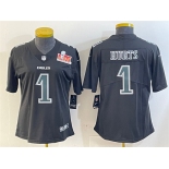 Women's Philadelphia Eagles #1 Jalen Hurts Black 2025 Super Bowl LIX Patch Fashion Vapor Untouchable Limited Football Stitched Jersey