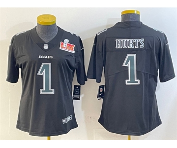 Women's Philadelphia Eagles #1 Jalen Hurts Black 2025 Super Bowl LIX Patch Fashion Vapor Untouchable Limited Football Stitched Jersey