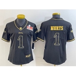 Women's Philadelphia Eagles #1 Jalen Hurts Black Gold 2025 Super Bowl LIX Patch Salute To Service Vapor Untouchable Limited Stitched Football Jersey