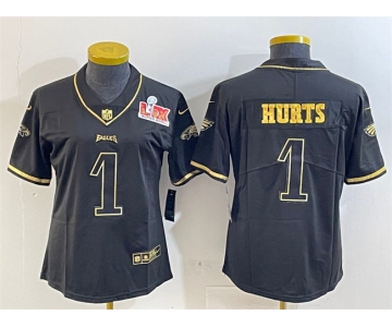 Women's Philadelphia Eagles #1 Jalen Hurts Black Gold 2025 Super Bowl LIX Patch Salute To Service Vapor Untouchable Limited Stitched Football Jersey