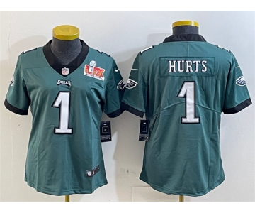 Women's Philadelphia Eagles #1 Jalen Hurts Green 2025 Super Bowl LIX Patch Vapor Untouchable Limited Stitched Football Jersey