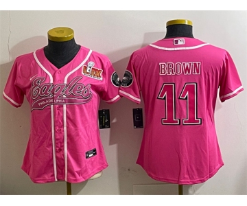 Women's Philadelphia Eagles #11 A.J. Brown Pink 2025 Super Bowl LIX Patch Cool Base Stitched Baseball Jersey