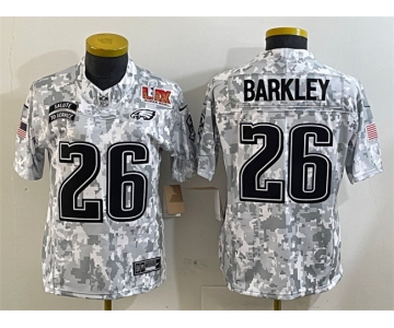 Women's Philadelphia Eagles #26 Saquon Barkley 2025 Super Bowl LIX Patch F.U.S.E. Arctic Camo Salute to Service Limited Football Stitched Jersey