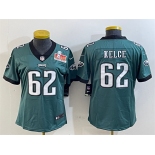 Women's Philadelphia Eagles #62 Jason Kelce Green 2025 Super Bowl LIX Patch Vapor Untouchable Limited Stitched Football Jersey