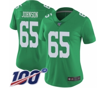 Women's Philadelphia Eagles #65 Lane Johnson Limited Green Rush Vapor Untouchable 100th Season Football Jersey