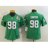 Women's Philadelphia Eagles #98 Jalen Carter Green 2025 Super Bowl LIX Patch F.U.S.E. Throwback Vapor Untouchable Limited Stitched Football Jersey