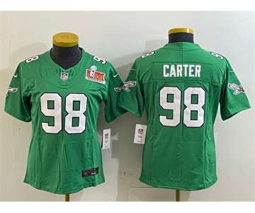 Women's Philadelphia Eagles #98 Jalen Carter Green 2025 Super Bowl LIX Patch F.U.S.E. Throwback Vapor Untouchable Limited Stitched Football Jersey
