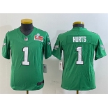 Youth Philadelphia Eagles #1 Jalen Hurts Green 2025 Super Bowl LIX Patch F.U.S.E. Throwback Vapor Untouchable Limited Stitched Football Jersey