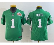 Youth Philadelphia Eagles #1 Jalen Hurts Green 2025 Super Bowl LIX Patch F.U.S.E. Throwback Vapor Untouchable Limited Stitched Football Jersey
