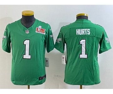 Youth Philadelphia Eagles #1 Jalen Hurts Green 2025 Super Bowl LIX Patch F.U.S.E. Throwback Vapor Untouchable Limited Stitched Football Jersey