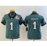 Youth Philadelphia Eagles #1 Jalen Hurts Green 2025 Super Bowl LIX Patch Vapor Untouchable Limited Stitched Football Jersey