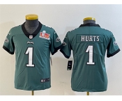 Youth Philadelphia Eagles #1 Jalen Hurts Green 2025 Super Bowl LIX Patch Vapor Untouchable Limited Stitched Football Jersey