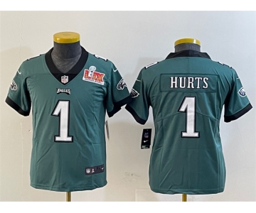 Youth Philadelphia Eagles #1 Jalen Hurts Green 2025 Super Bowl LIX Patch Vapor Untouchable Limited Stitched Football Jersey