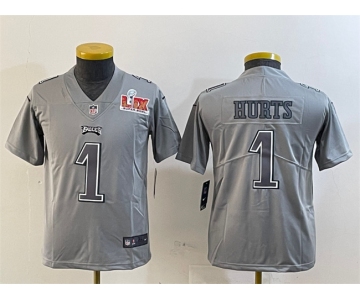 Youth Philadelphia Eagles #1 Jalen Hurts Grey 2025 Super Bowl LIX Patch Atmosphere Fashion Vapor Untouchable Limited Stitched Football Jersey