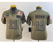 Youth Philadelphia Eagles #11 A.J. Brown Olive 2025 Super Bowl LIX Patch Salute To Service Vapor Untouchable Limited Stitched Football Jersey