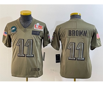 Youth Philadelphia Eagles #11 A.J. Brown Olive 2025 Super Bowl LIX Patch Salute To Service Vapor Untouchable Limited Stitched Football Jersey