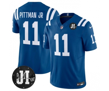 Men's Indianapolis Colts #11 Michael Pittman Jr. Blue 2025 F.U.S.E. Jim Irsay Patch Vapor Limited Football Stitched Jersey