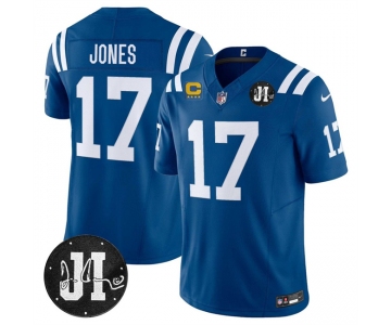 Men's Indianapolis Colts #17 Daniel Jones Blue 2025 F.U.S.E. With 4-Star C Patch And Jim Irsay Patch Vapor Limited Football Stitched Jersey