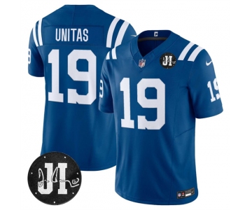 Men's Indianapolis Colts #19 Johnny Unitas Blue 2025 F.U.S.E. Jim Irsay Patch Vapor Limited Football Stitched Jersey