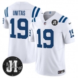Men's Indianapolis Colts #19 Johnny Unitas White 2025 F.U.S.E. Jim Irsay Patch Vapor Limited Football Stitched Jersey Men's Indianapolis Colts #19 Johnny Unitas White 2025 F.U.S.E. Jim Irsay Patch Vapor Limited Football Stitched Jersey