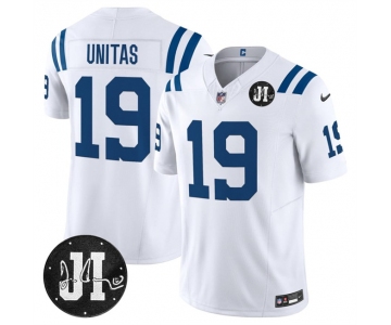 Men's Indianapolis Colts #19 Johnny Unitas White 2025 F.U.S.E. Jim Irsay Patch Vapor Limited Football Stitched Jersey