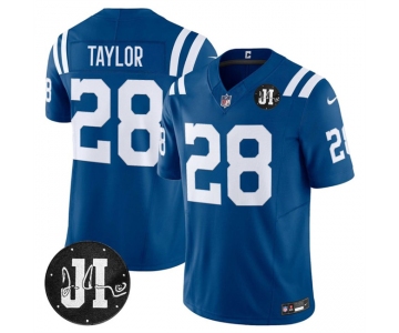 Men's Indianapolis Colts #28 Jonathan Taylor Blue 2025 F.U.S.E. Jim Irsay Patch Vapor Limited Football Stitched Jersey