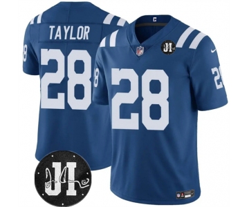 Men's Indianapolis Colts #28 Jonathan Taylor Blue Jim Irsay Patch Vapor Limited Football Stitched Jersey