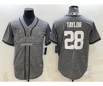 Men's Indianapolis Colts #28 Jonathan Taylor Grey Gridiron With Patch Cool Base Stitched Baseball Jerseys