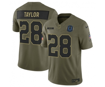 Men's Indianapolis Colts #28 Jonathan Taylor Olive 2025 Salute to Service Limited Football Stitched Jersey
