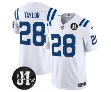Men's Indianapolis Colts #28 Jonathan Taylor White 2025 F.U.S.E. Jim Irsay Patch Vapor Limited Football Stitched Jersey