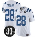 Men's Indianapolis Colts #28 Jonathan Taylor White Jim Irsay Patch Vapor Limited Football Stitched Jersey Men's Indianapolis Colts #28 Jonathan Taylor White Jim Irsay Patch Vapor Limited Football Stitched Jersey