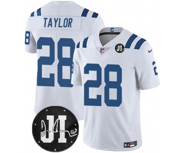 Men's Indianapolis Colts #28 Jonathan Taylor White Jim Irsay Patch Vapor Limited Football Stitched Jersey