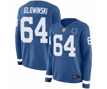 Women's Indianapolis Colts #64 Mark Glowinski Limited Blue Therma Long Sleeve Football Jersey