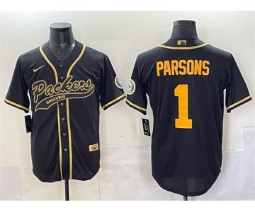 Men's Green Bay Packers #1 Micah Parsons Black Gold Cool Base Stitched Baseball Jersey