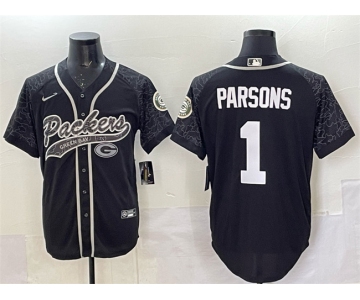 Men's Green Bay Packers #1 Micah Parsons Black Reflective With Patch Cool Base Stitched Baseball Jersey
