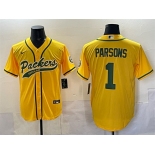 Men's Green Bay Packers #1 Micah Parsons Gold Cool Base Stitched Baseball Jersey Men's Green Bay Packers #1 Micah Parsons Gold Cool Base Stitched Baseball Jersey