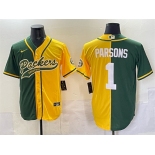 Men's Green Bay Packers #1 Micah Parsons Green Gold Split Cool Base Stitched Baseball Jersey Men's Green Bay Packers #1 Micah Parsons Green Gold Split Cool Base Stitched Baseball Jersey