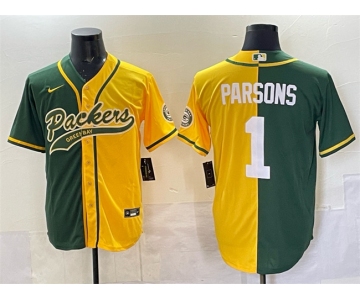 Men's Green Bay Packers #1 Micah Parsons Green Gold Split Cool Base Stitched Baseball Jersey