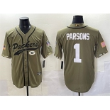 Men's Green Bay Packers #1 Micah Parsons Olive Salute to Service Cool Base Stitched Baseball Jersey Men's Green Bay Packers #1 Micah Parsons Olive Salute to Service Cool Base Stitched Baseball Jersey