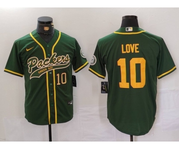 Men's Green Bay Packers #10 Jordan Love Green Cool Base Stitched Baseball Jerseys