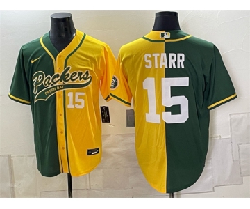 Men's Green Bay Packers #15 Bart Starr Green Gold Split Cool Base Stitched Baseball Jersey